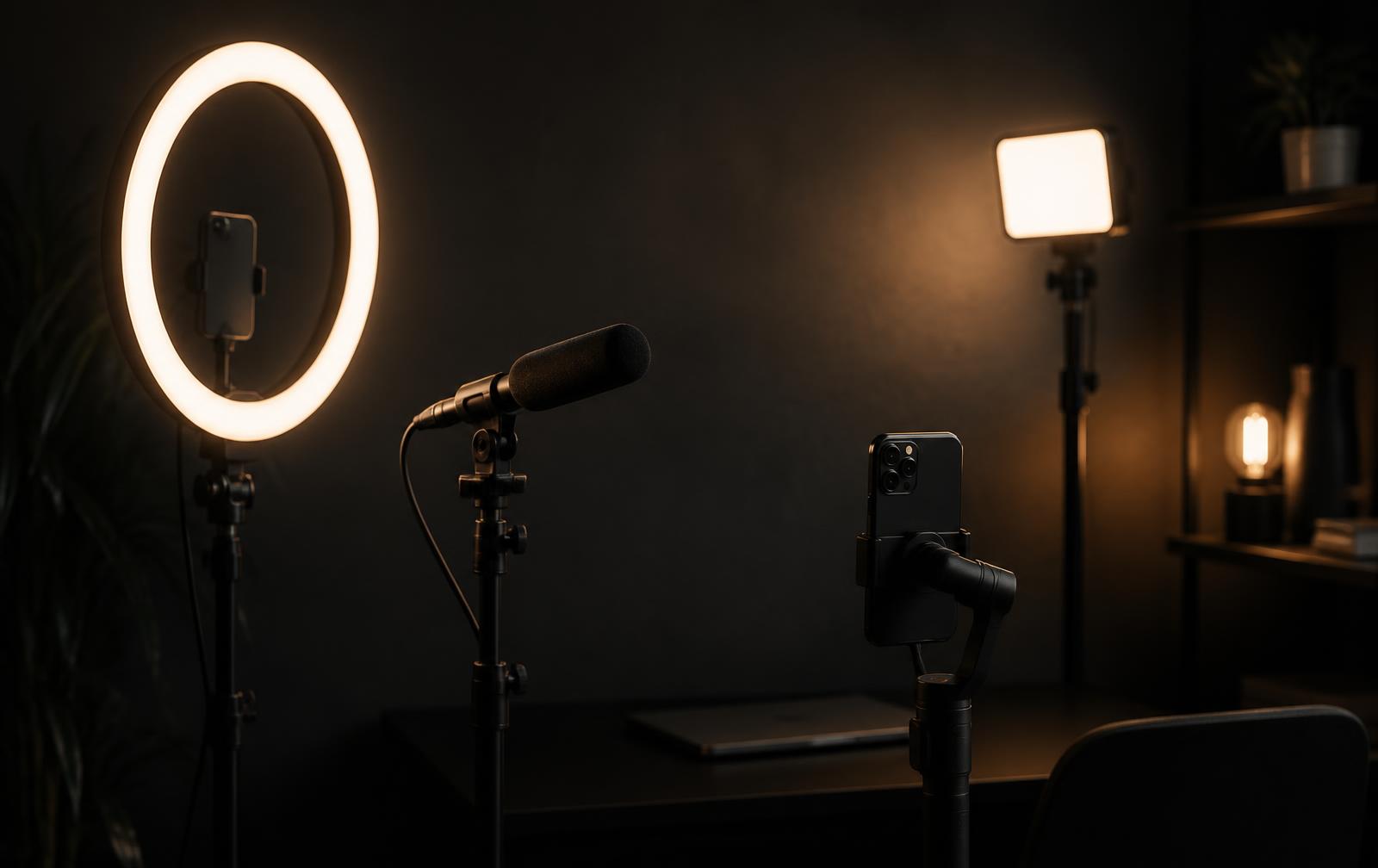 Home studio with a ring light, shotgun mic and phone gimbal